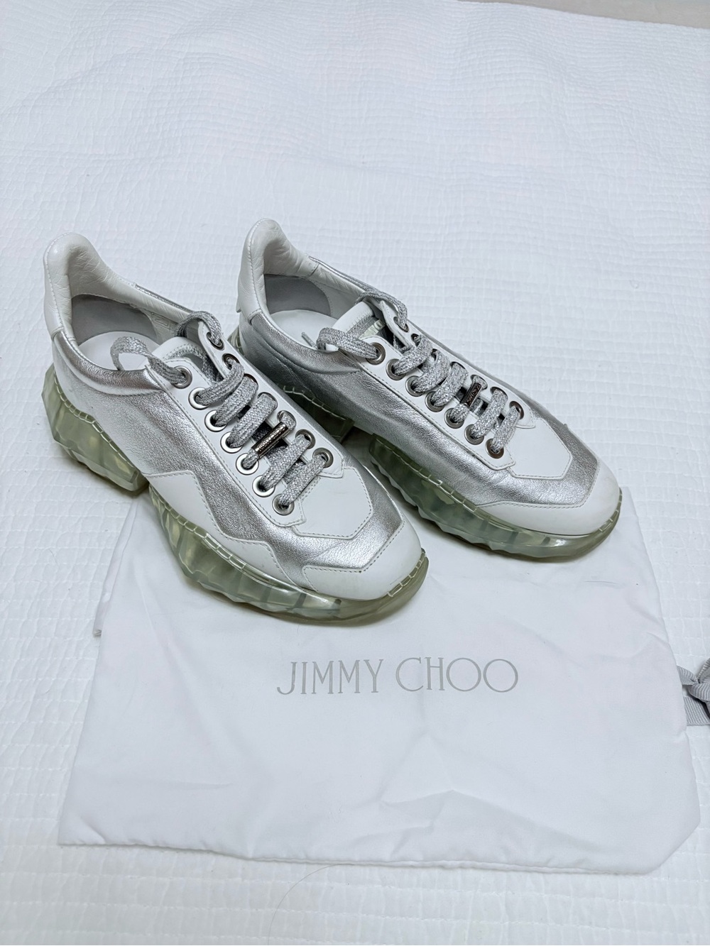 Jimmy Choo Metallic Silver & White Diamond Platform Sneakers